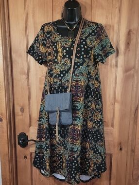 Boho Swirl Print Short Sleeve Dress - Black with Teal & Gold